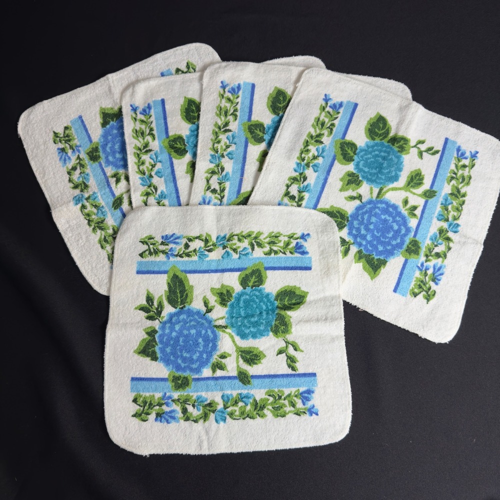 NOS Vintage Blue Hydrangea Floral Washcloth Set of 5 White Cotton Blend USA Made